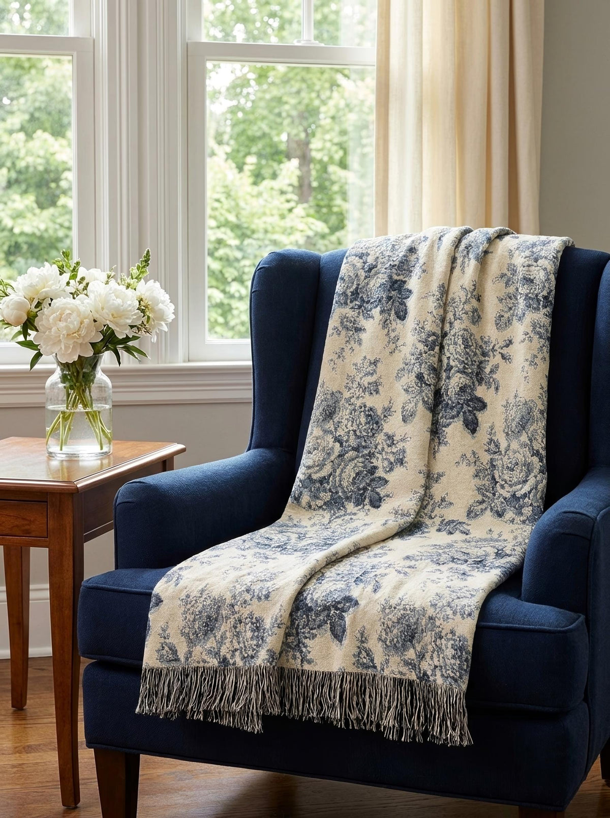 Blue Toile Rose Woven Blanket
