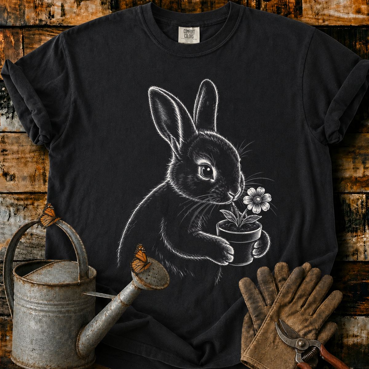 Rabbit With Flower Pot Art T-Shirt