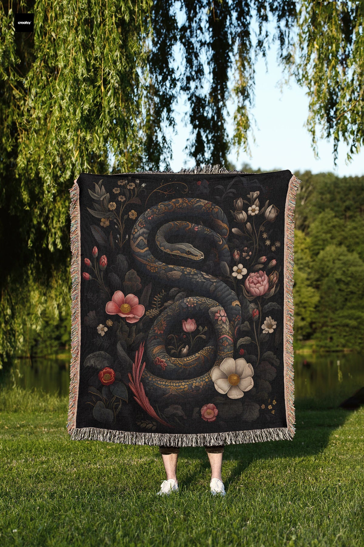 Gothic Snake Floral Woven Blanket