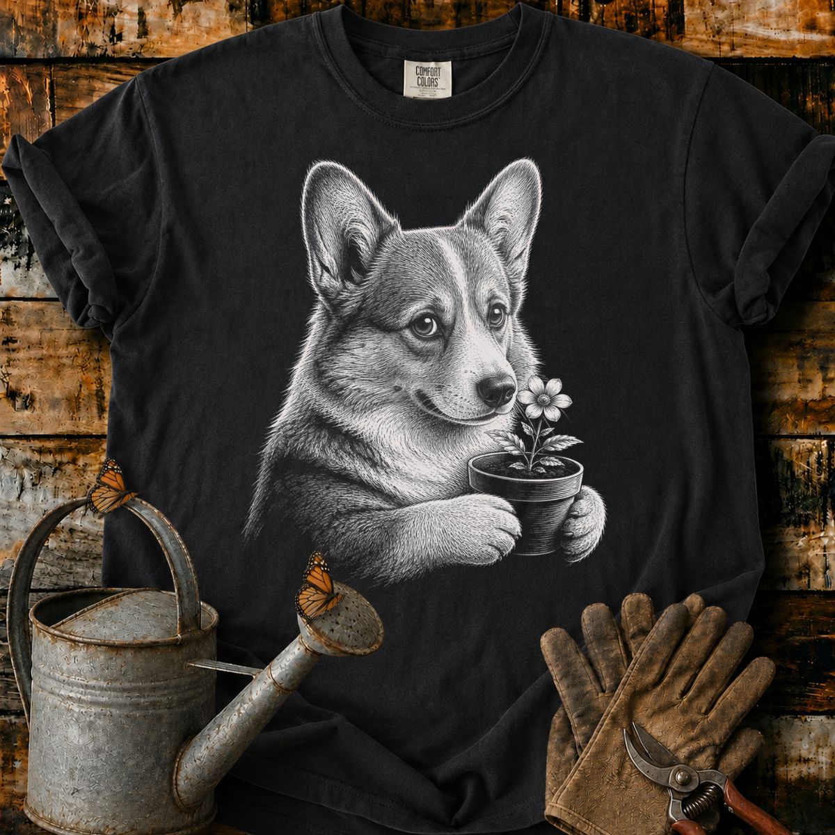 Corgi With Flower Pot Art T-Shirt