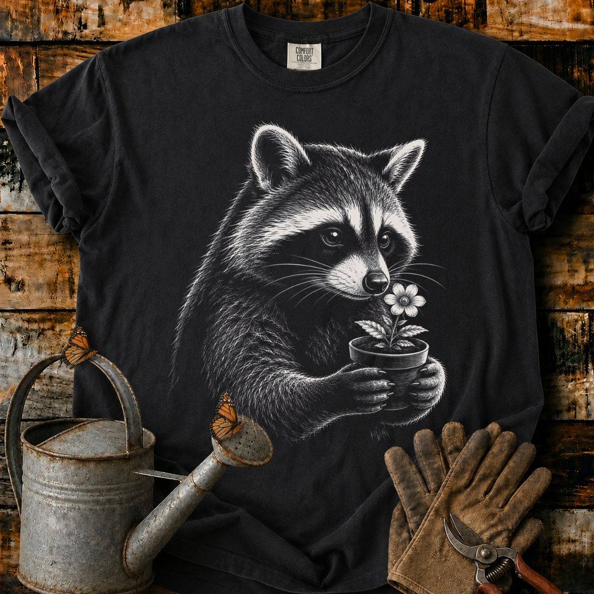 Raccoon With Flower Pot Art T-Shirt