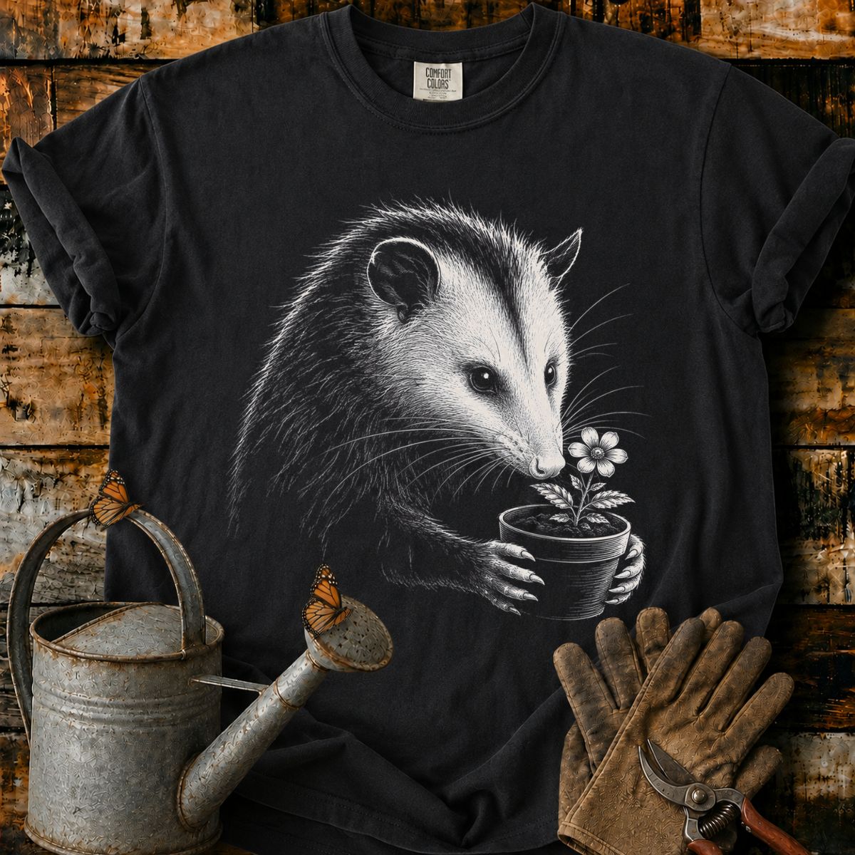 Opossum With Flower Pot Art T-Shirt