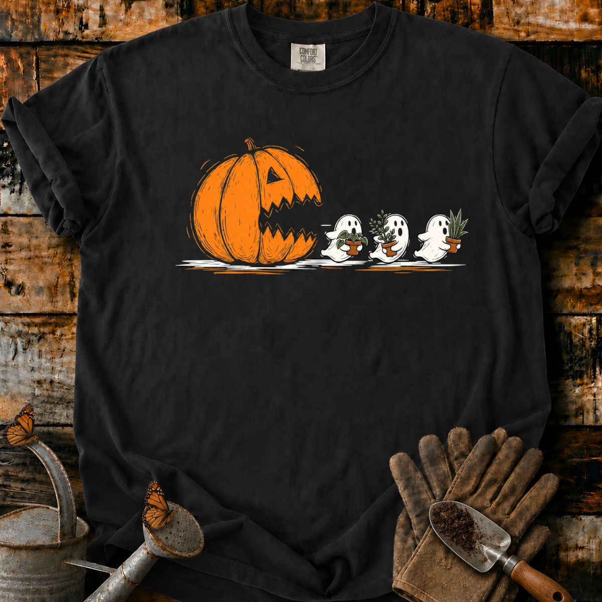 Pumpkin Chases Plant-Carrying Ghosts T-Shirt