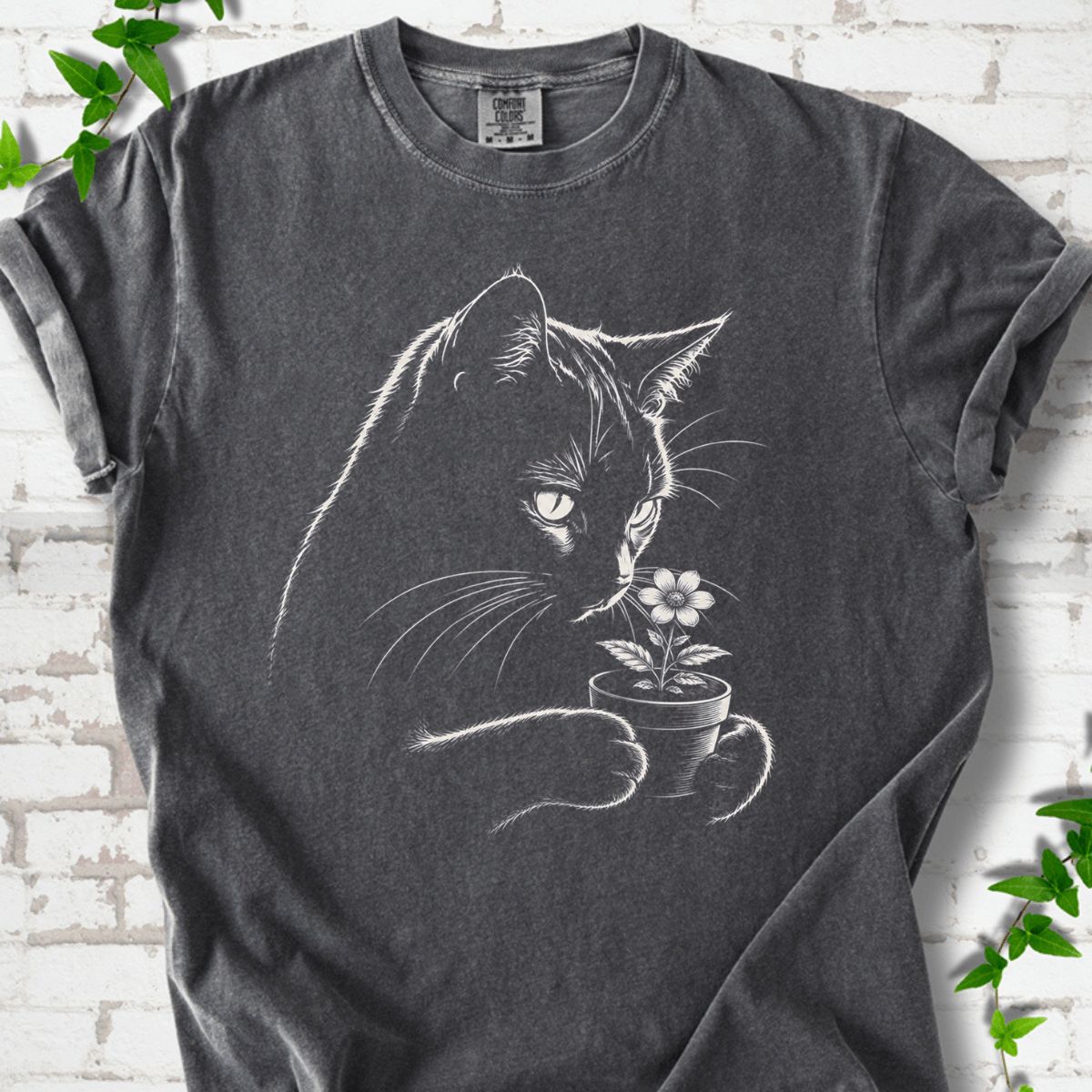 Cat With Flower Pot Art T-Shirt