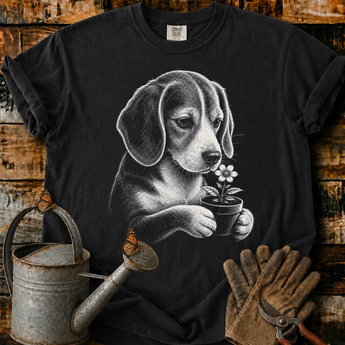 Beagle With Flower Pot Art T-Shirt
