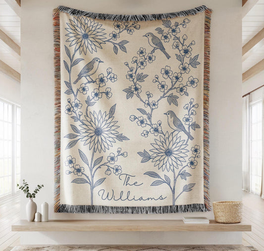 Custom Last Name Bird Floral Throw