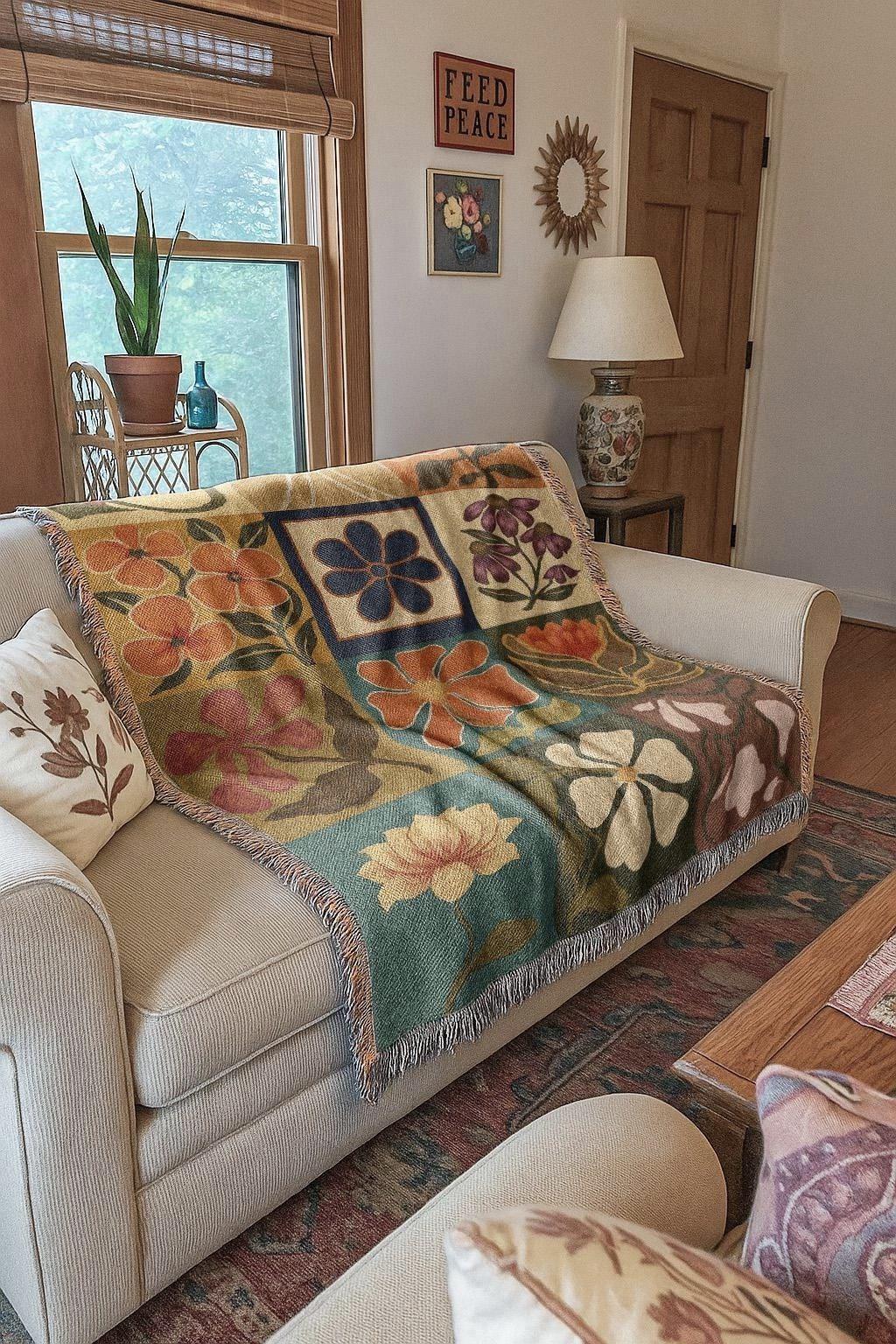Retro Floral Grid Woven Blanket