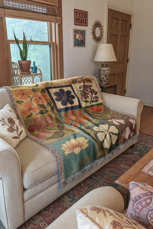 Retro Floral Grid Woven Blanket
