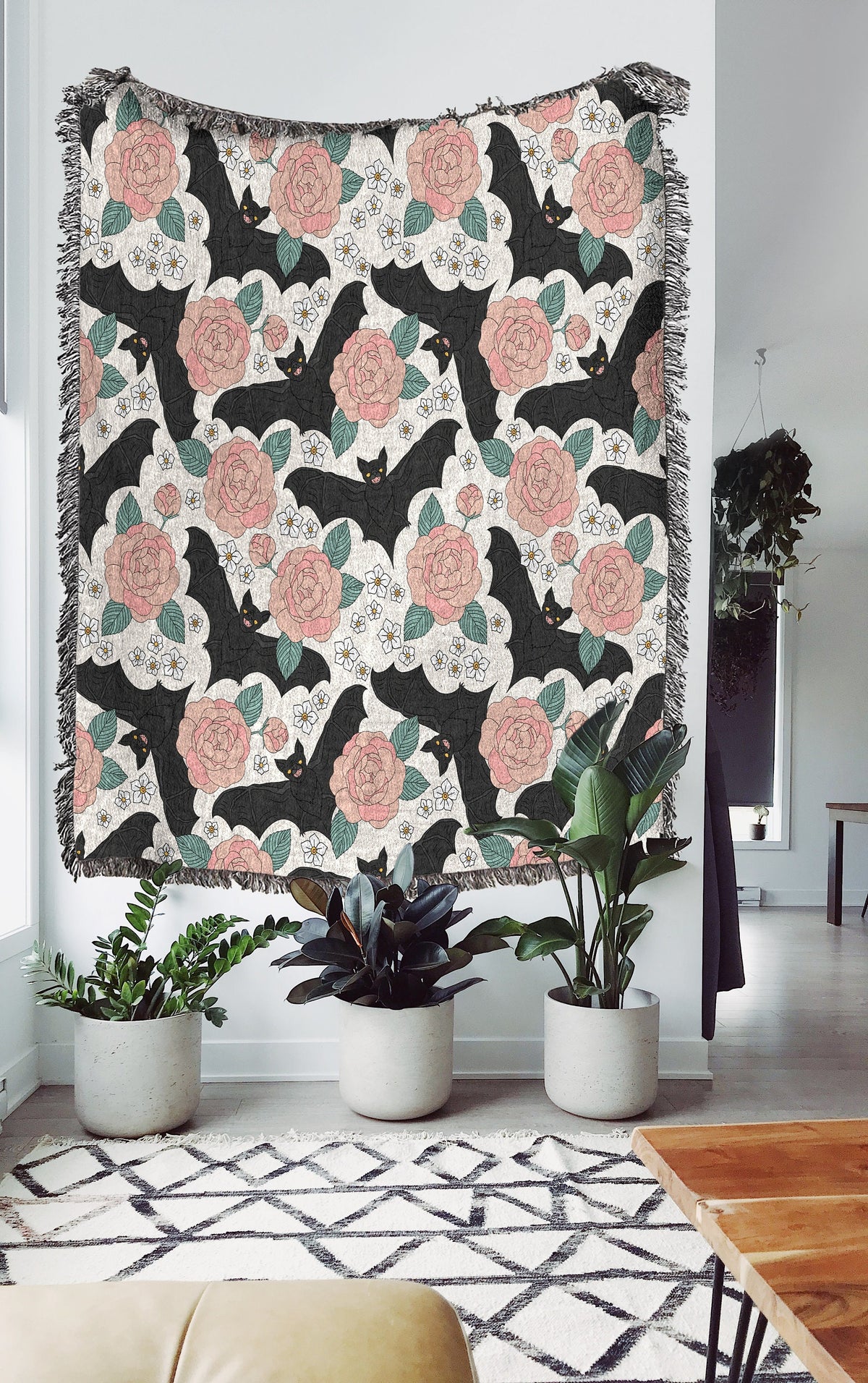 Gothic Bat Floral Woven Blanket