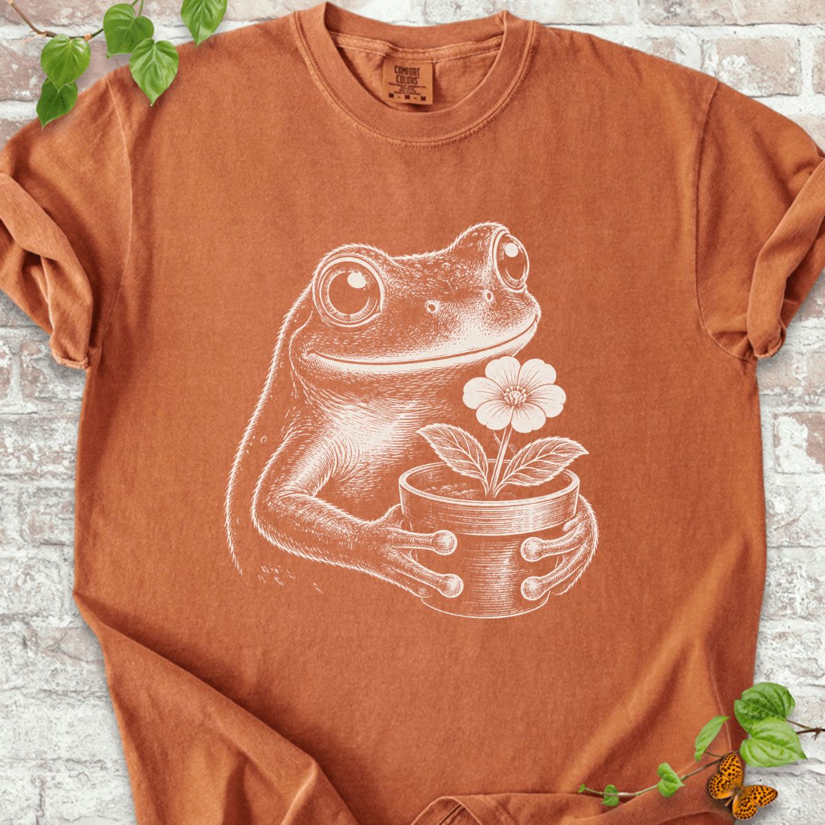 Frog With Flower Pot Art T-Shirt
