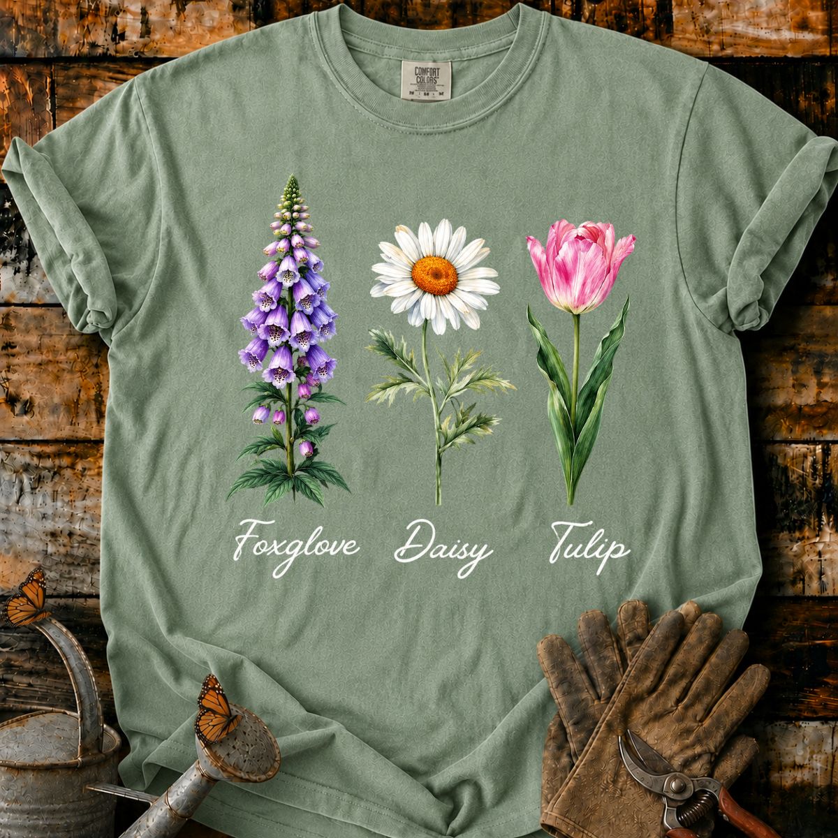 Botanical Trio on Olive Green T-Shirt