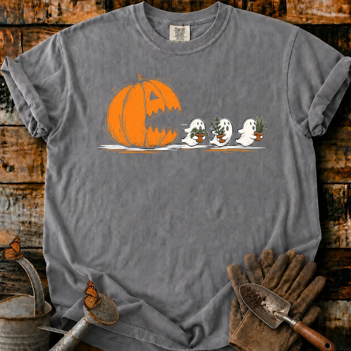 Pumpkin Chases Plant-Carrying Ghosts T-Shirt