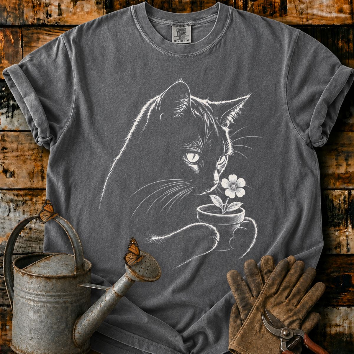 Black Cat With Flower Pot Art T-Shirt