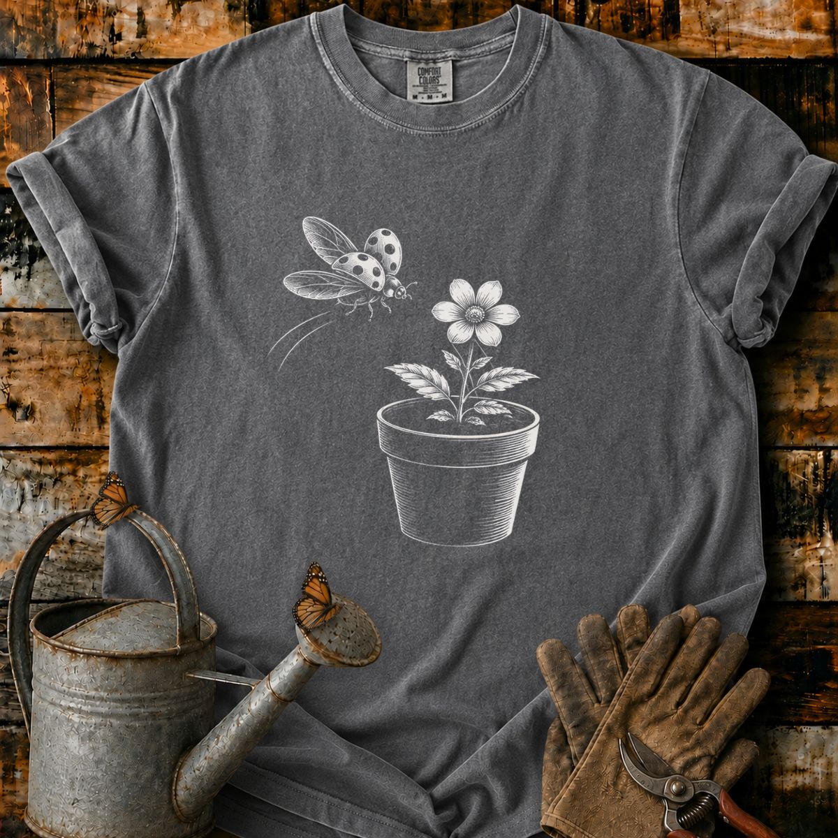 Ladybug With Flower Pot Art T-Shirt