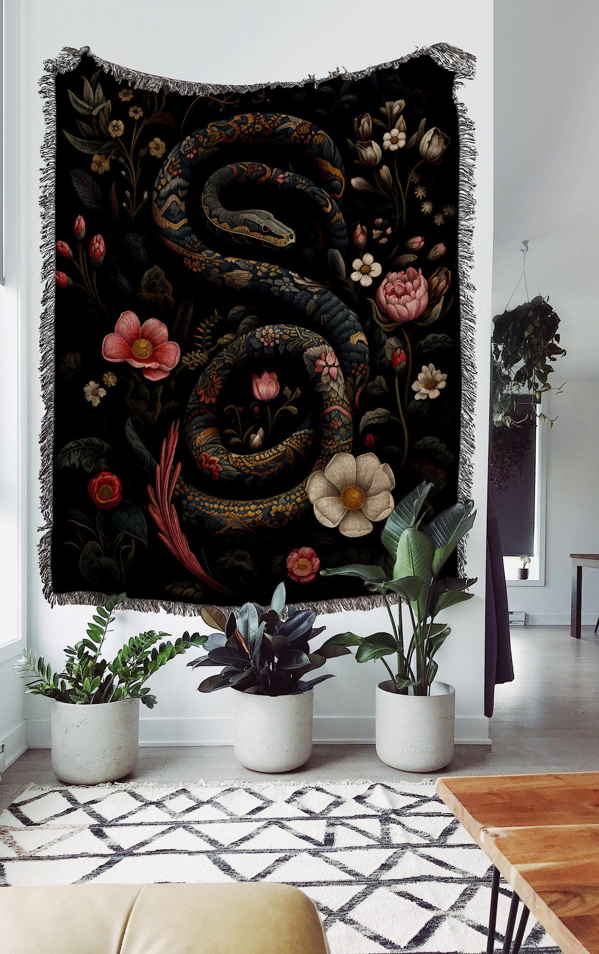 Gothic Snake Floral Woven Blanket