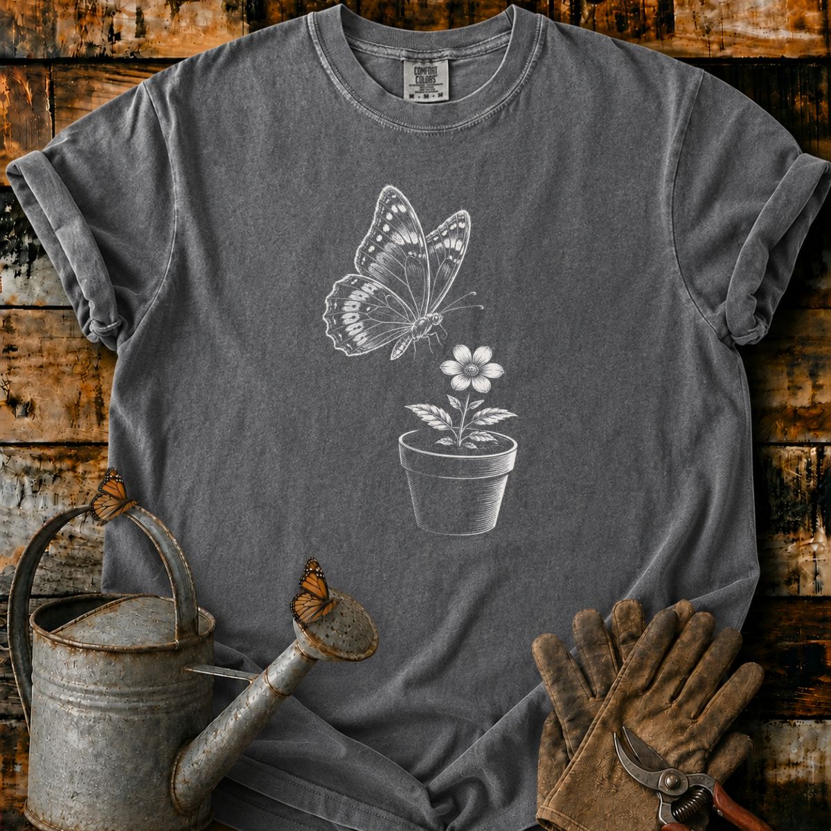 Butterfly With Flower Pot Art T-Shirt