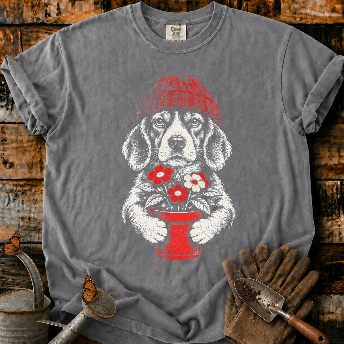 Beagle in Red Beanie with Flowers T-Shirt