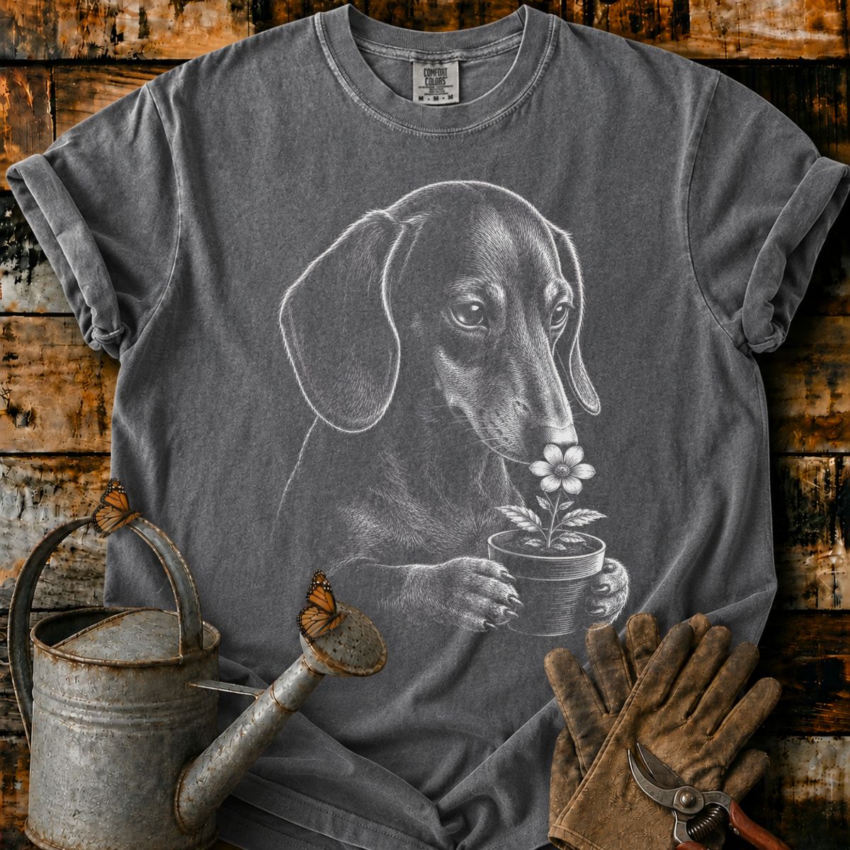 Dachshund With Flower Pot Art T-Shirt