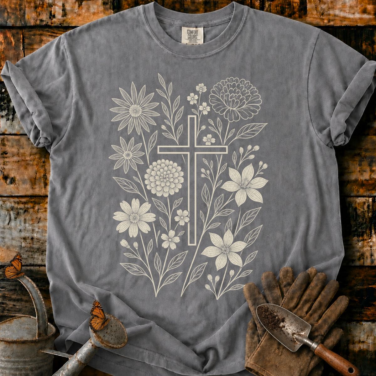 Vintage Botanical Cross Engraving T-Shirt