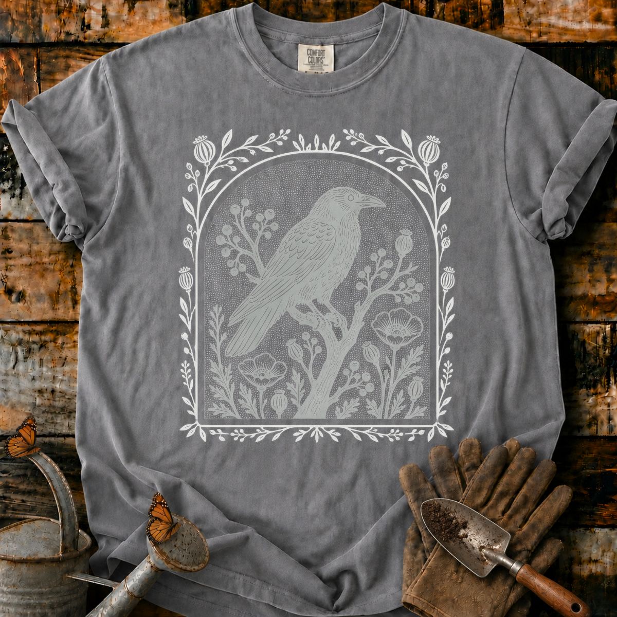 Lone Raven in a Botanical Arch T-Shirt