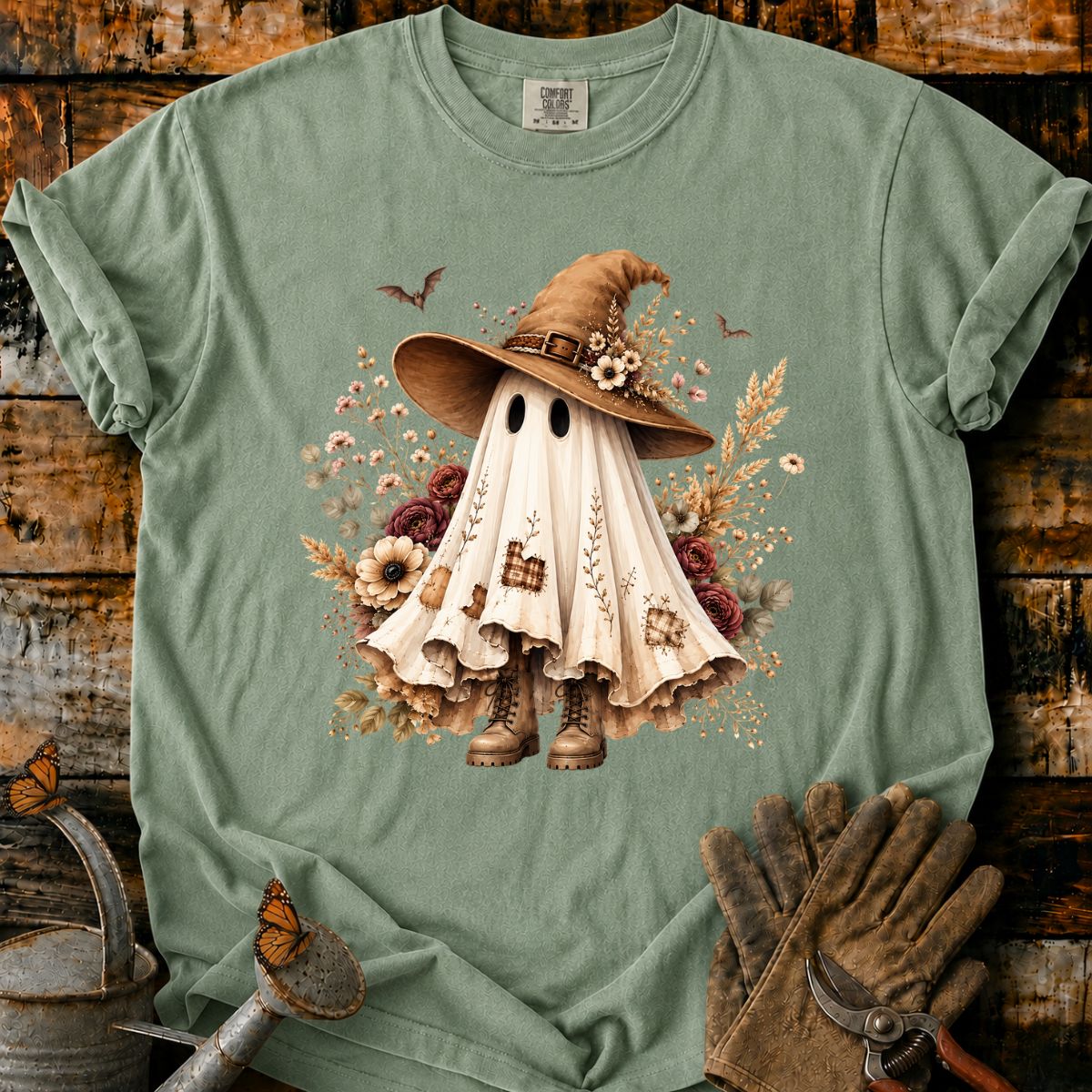Whimsical Ghost Witch in Autumn Blooms T-Shirt