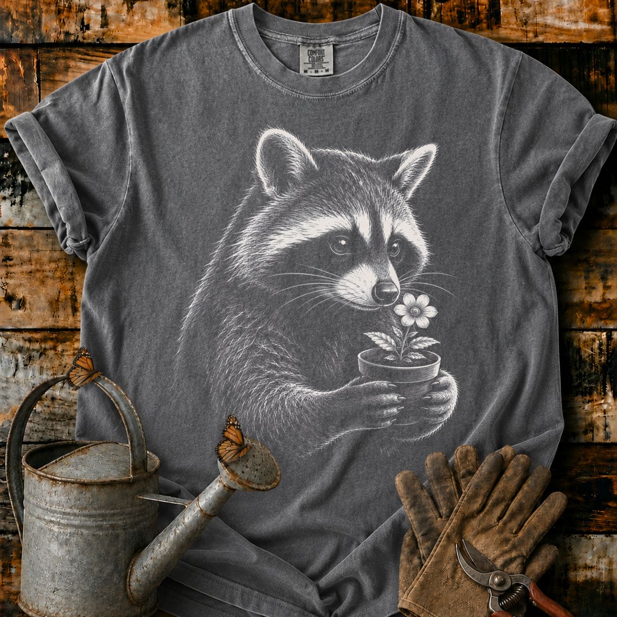 Raccoon With Flower Pot Art T-Shirt
