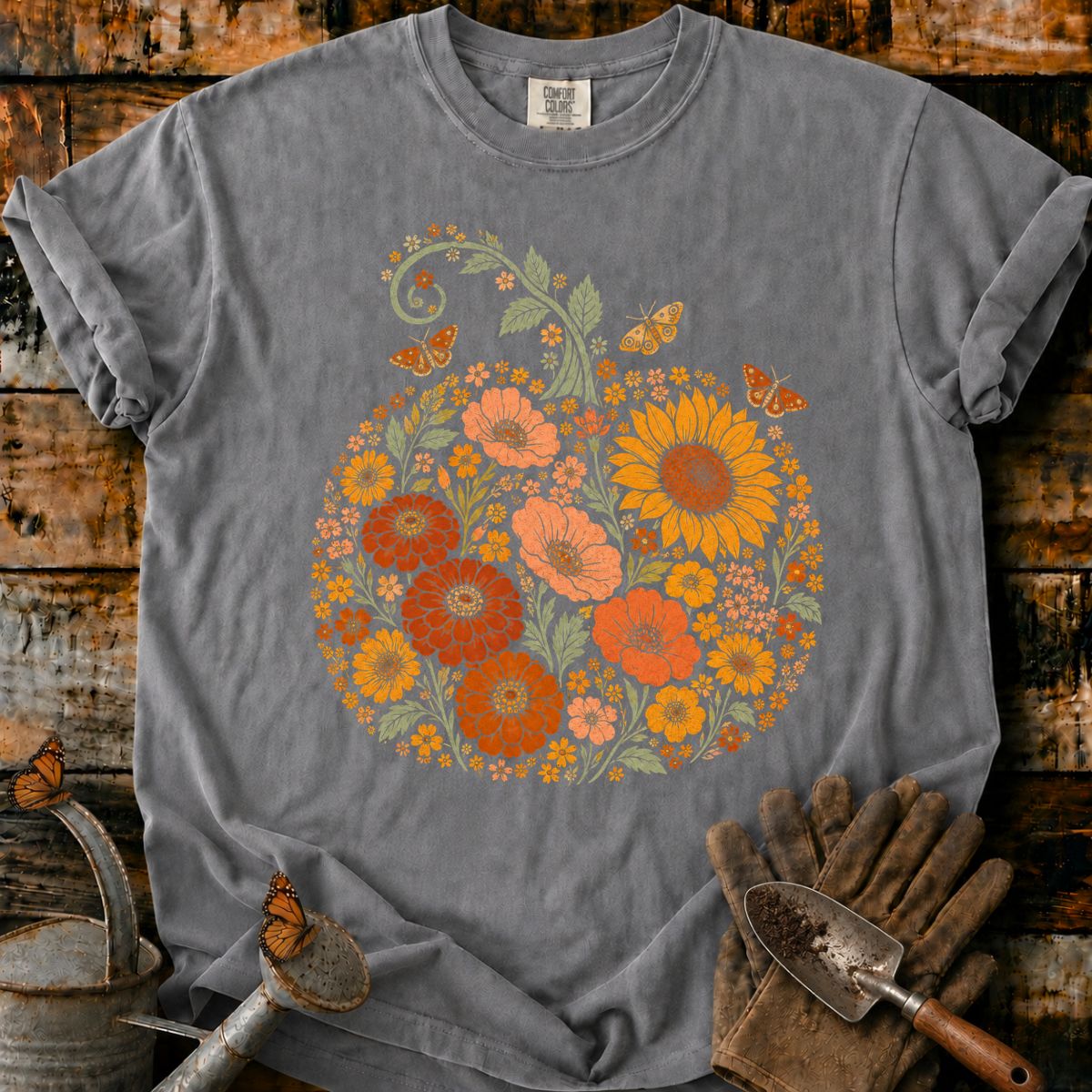 Asymmetrical Meadow Pumpkin with Sunflower and Moths T-Shirt