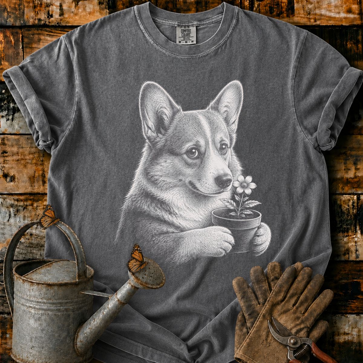 Corgi With Flower Pot Art T-Shirt