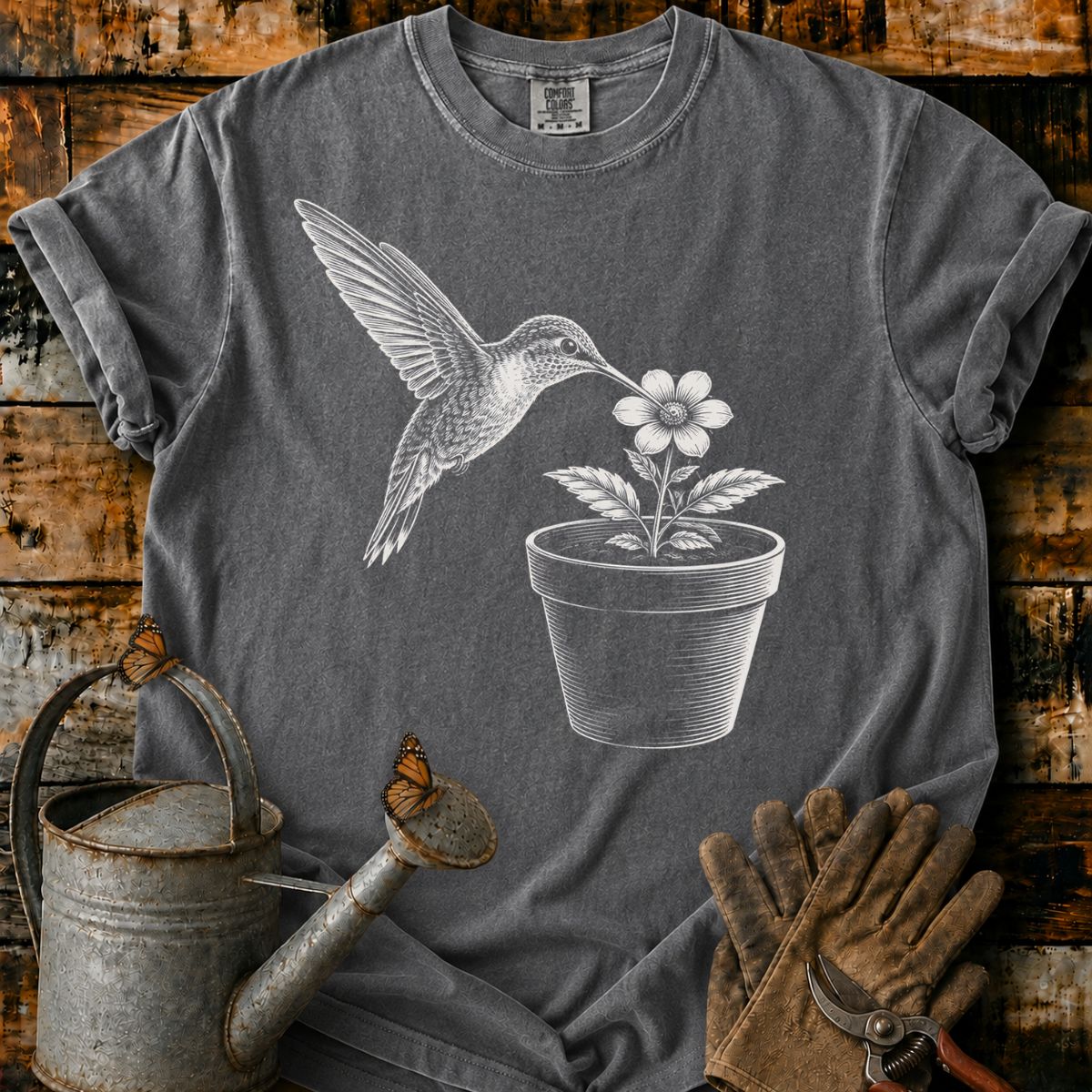 The hummingbird With Flower Pot Art T-Shirt