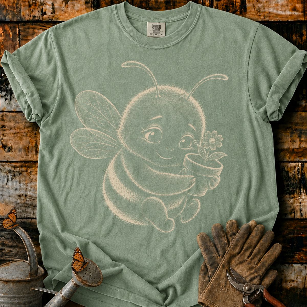 Bee With Flower Pot Art T-Shirt