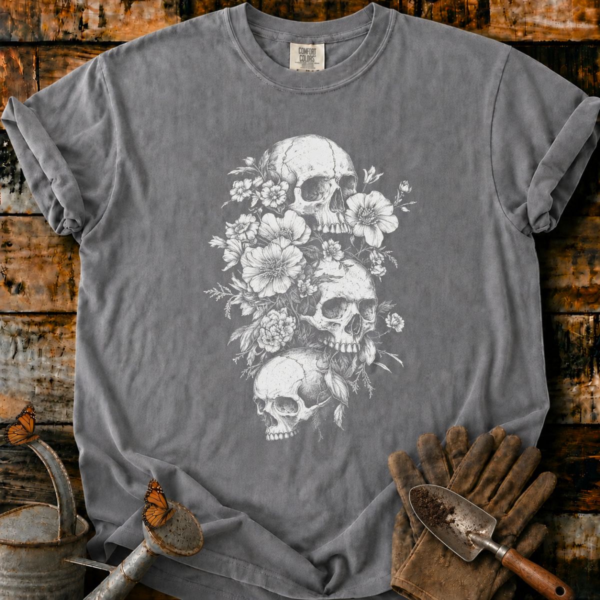 Gothic Skull and Floral Engraving T-Shirt