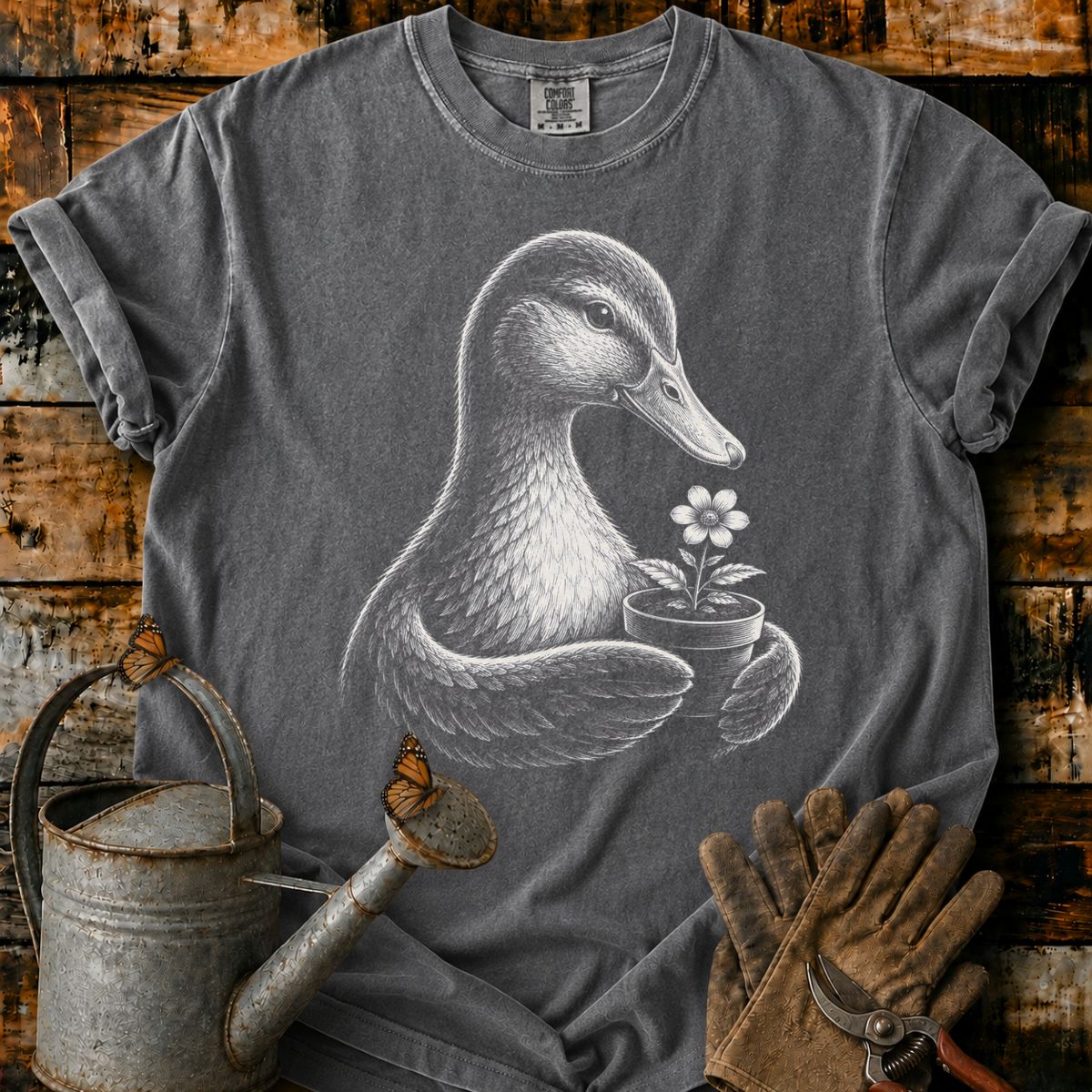 Duck With Flower Pot Art T-Shirt