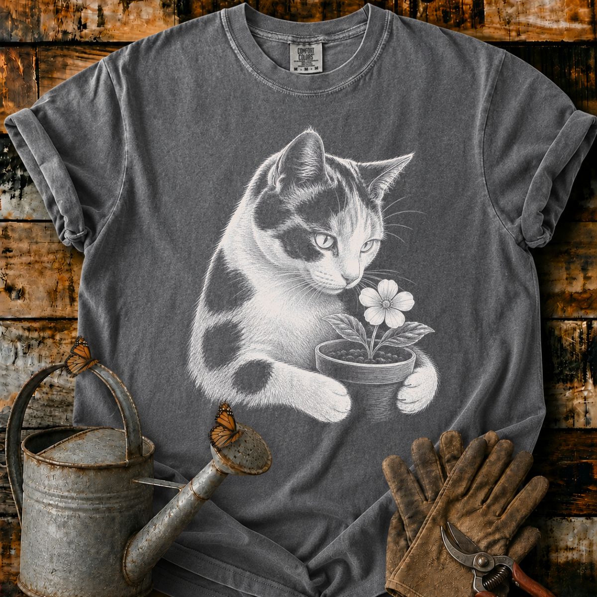Calico Cat With Flower Pot Art T-Shirt