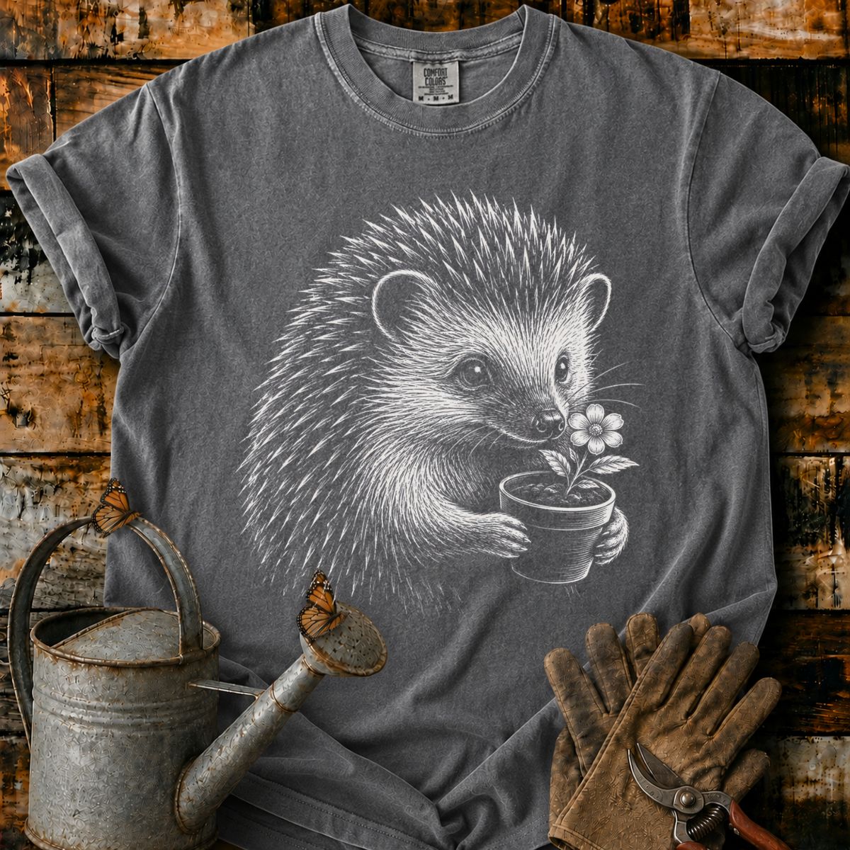 Hedgehog With Flower Pot Art T-Shirt