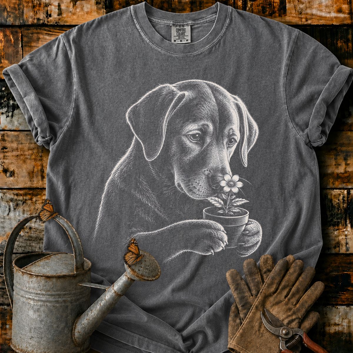 Labrador With Flower Pot Art T-Shirt
