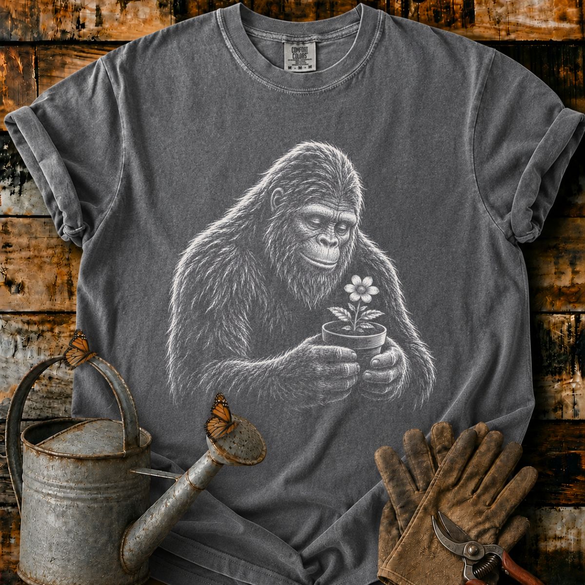 Bigfoot With Flower Pot Art T-Shirt