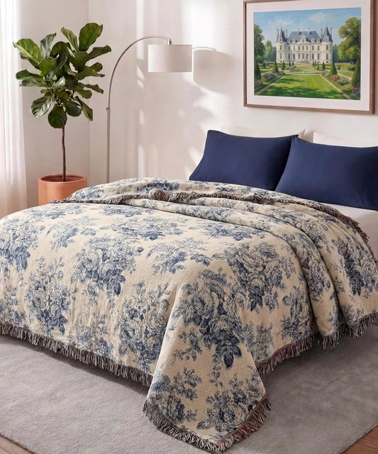 Blue Toile Rose Woven Blanket