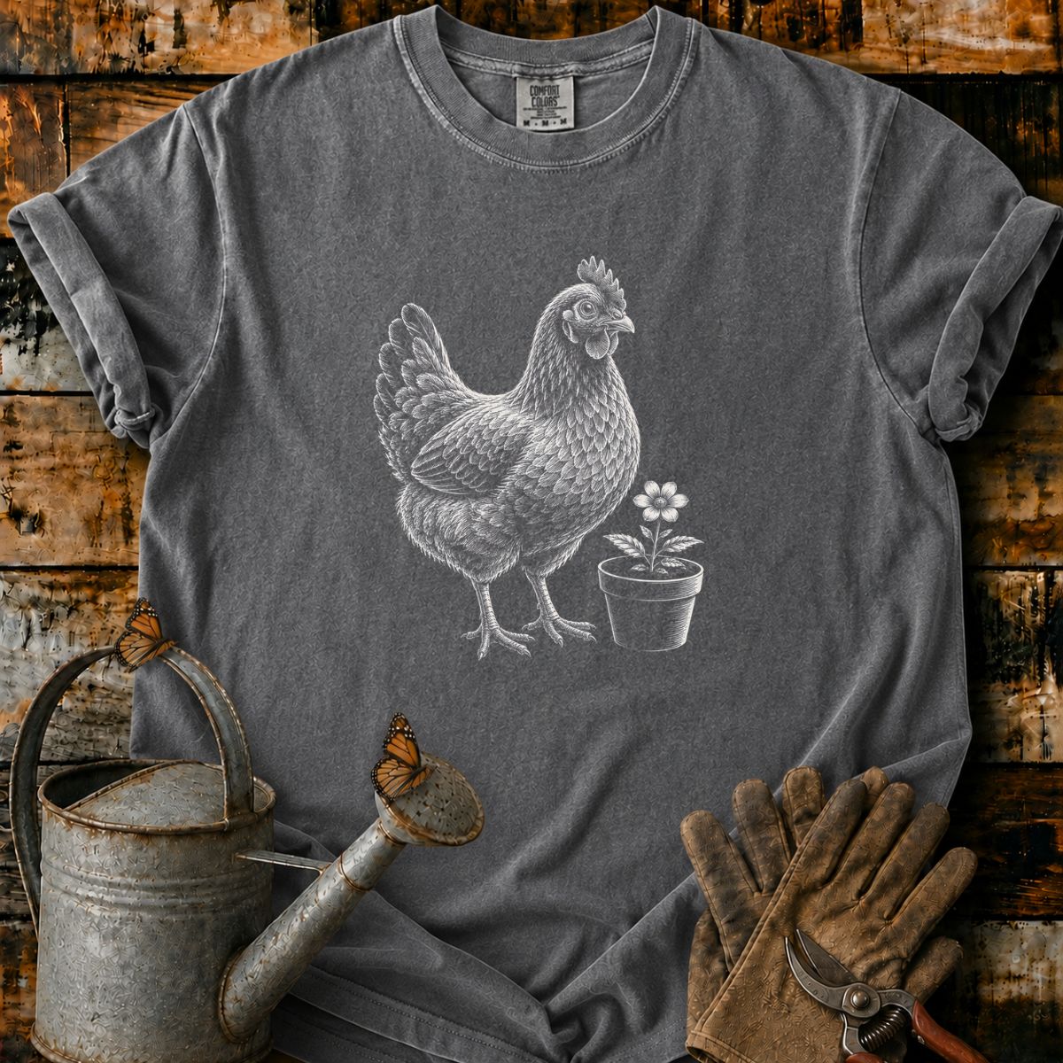 Hen With Flower Pot Art T-Shirt