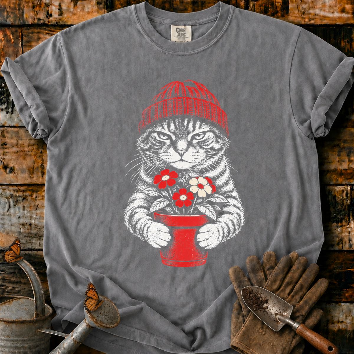 Grumpy Tabby with Flowers T-Shirt
