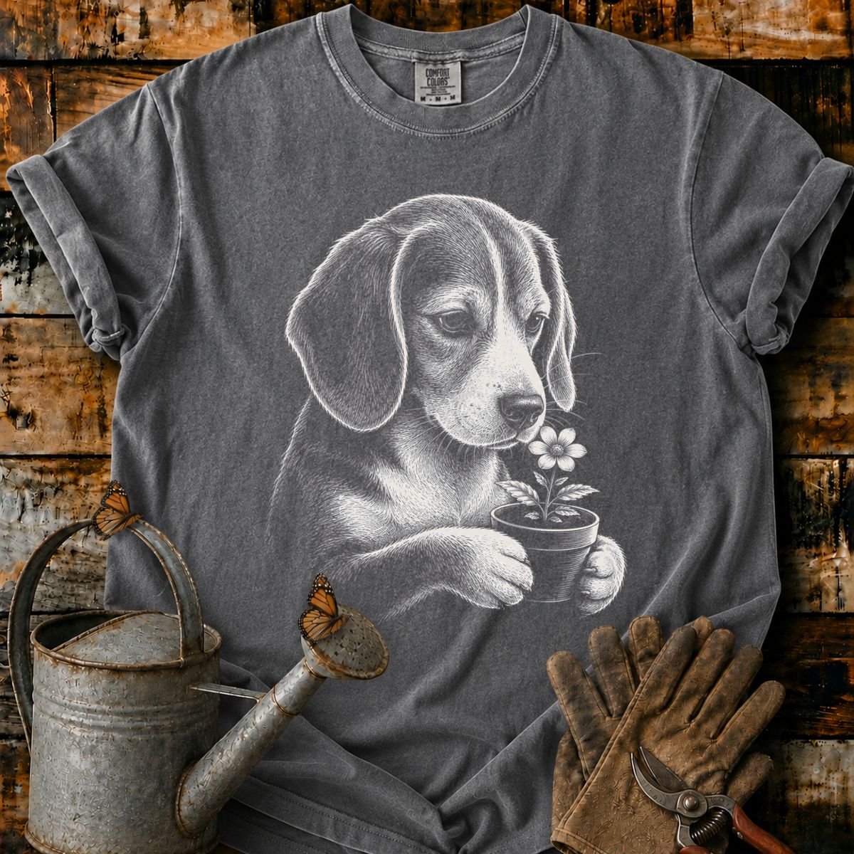 Beagle With Flower Pot Art T-Shirt