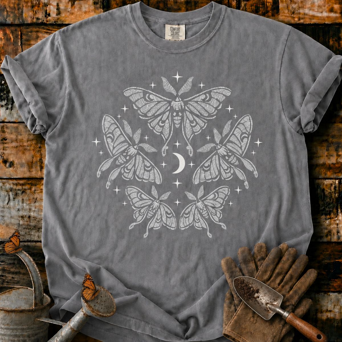 Five Luna Moths Around a Crescent Moon T-Shirt