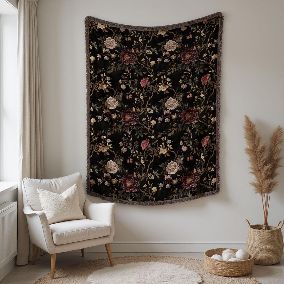 Chinoiserie Peony Woven Blanket