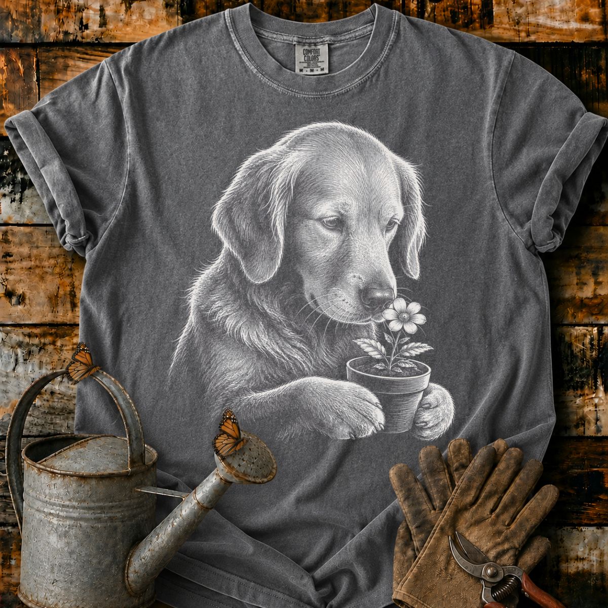 Golden Retriever With Flower Pot Art T-Shirt