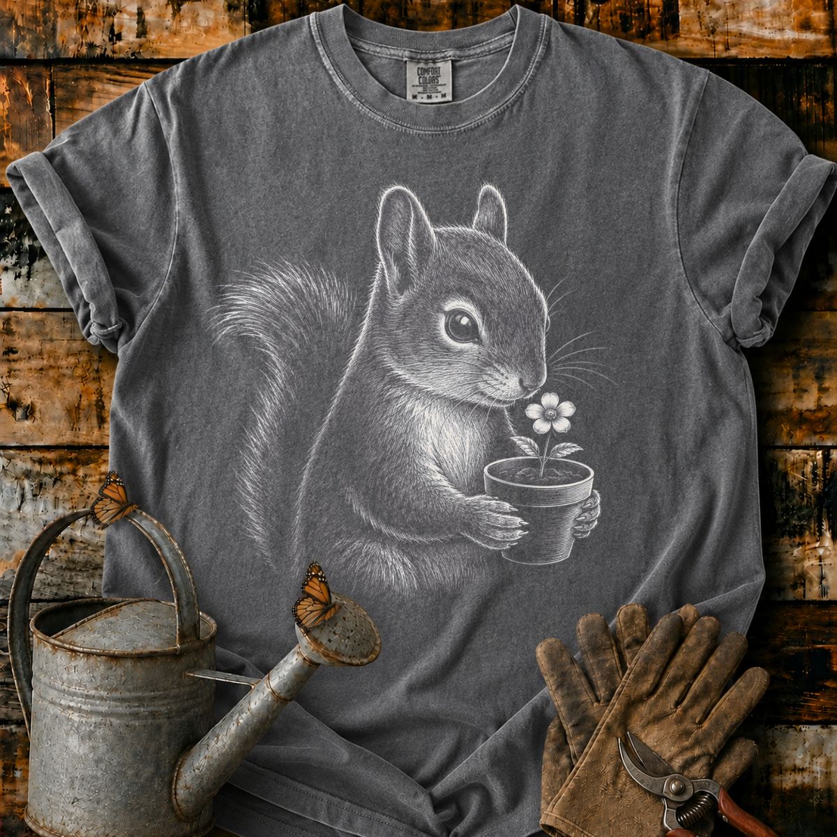 Squirrel With Flower Pot Art T-Shirt