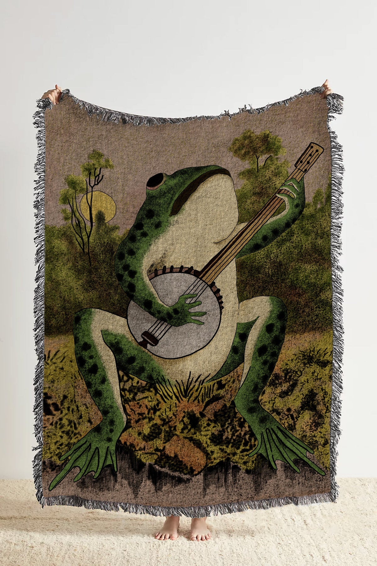 Frog Playing Banjo Woven Blanket