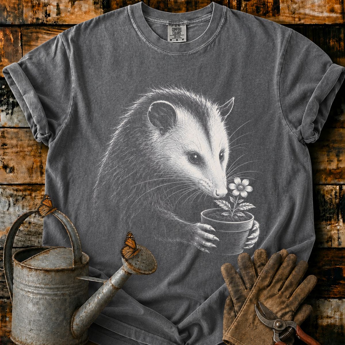 Opossum With Flower Pot Art T-Shirt
