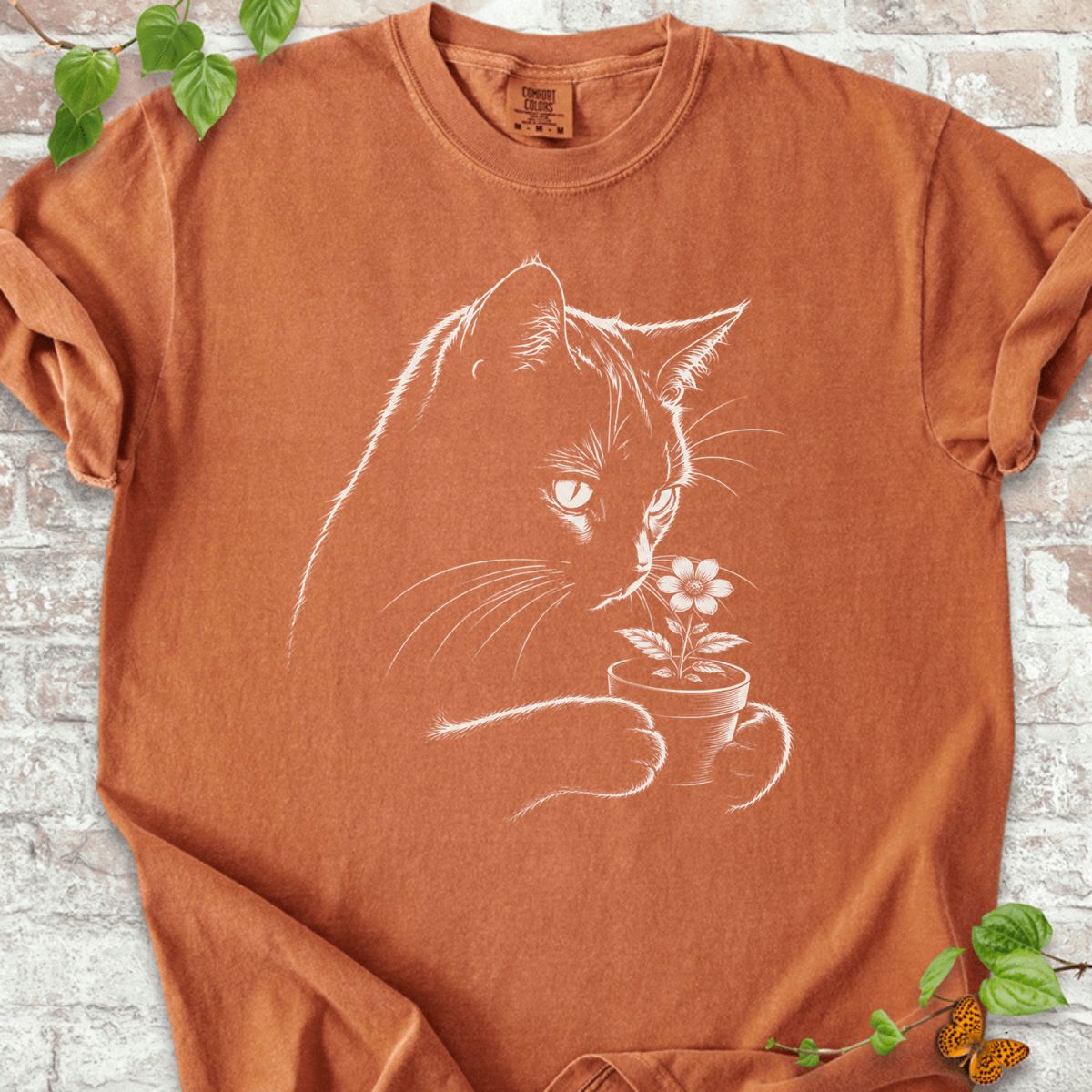 Cat With Flower Pot Art T-Shirt