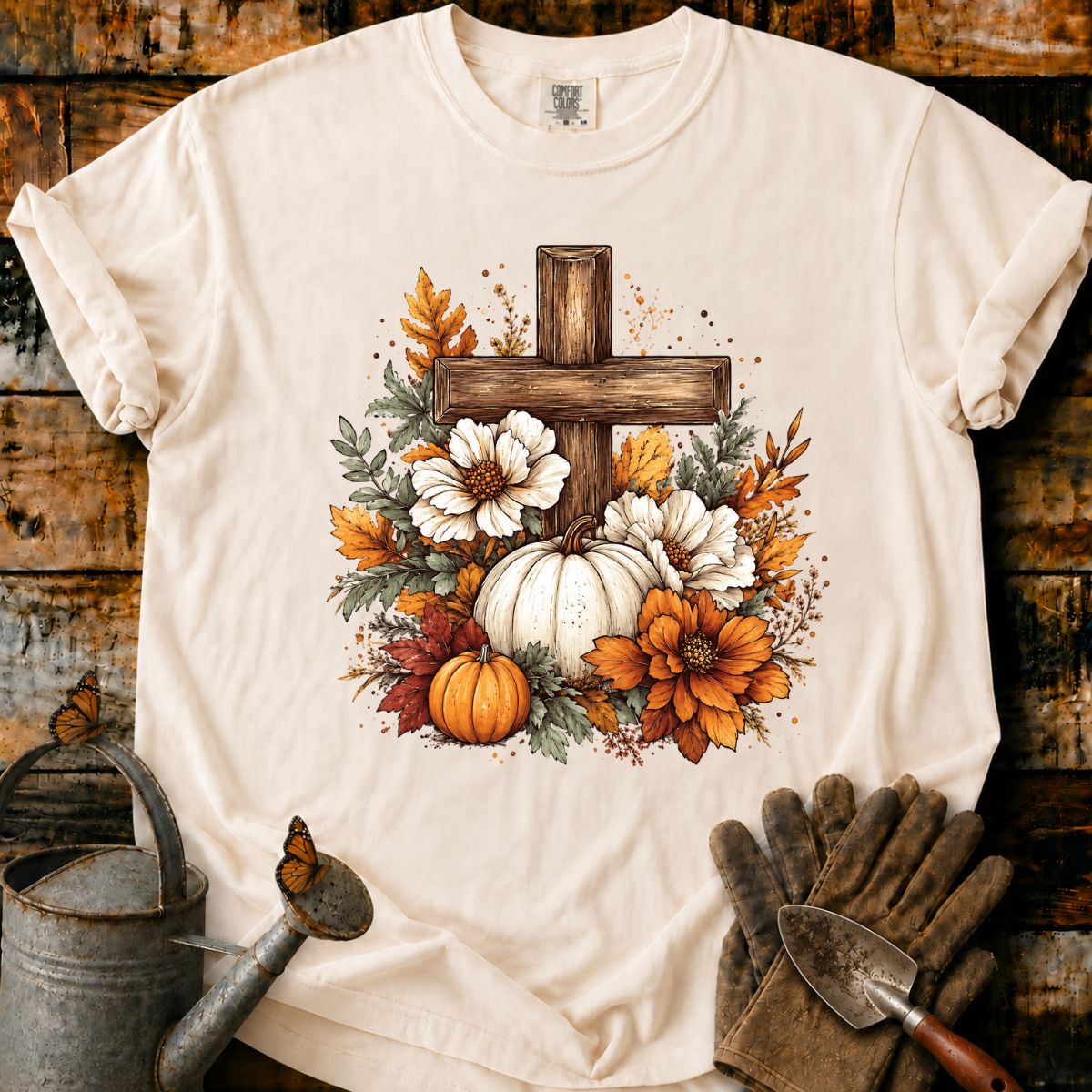 Rustic Autumn Cross with Pumpkins T-Shirt