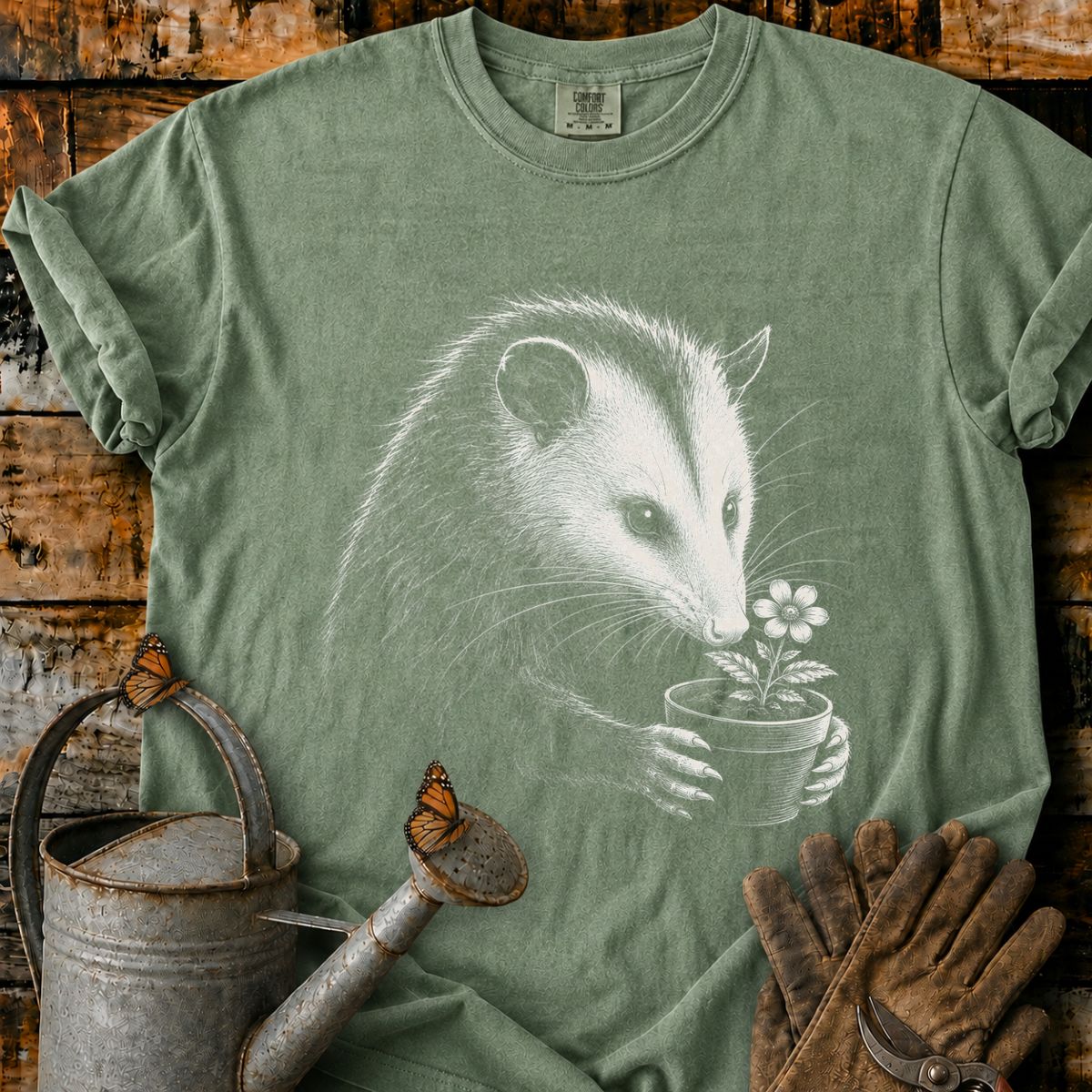 Opossum With Flower Pot Art T-Shirt