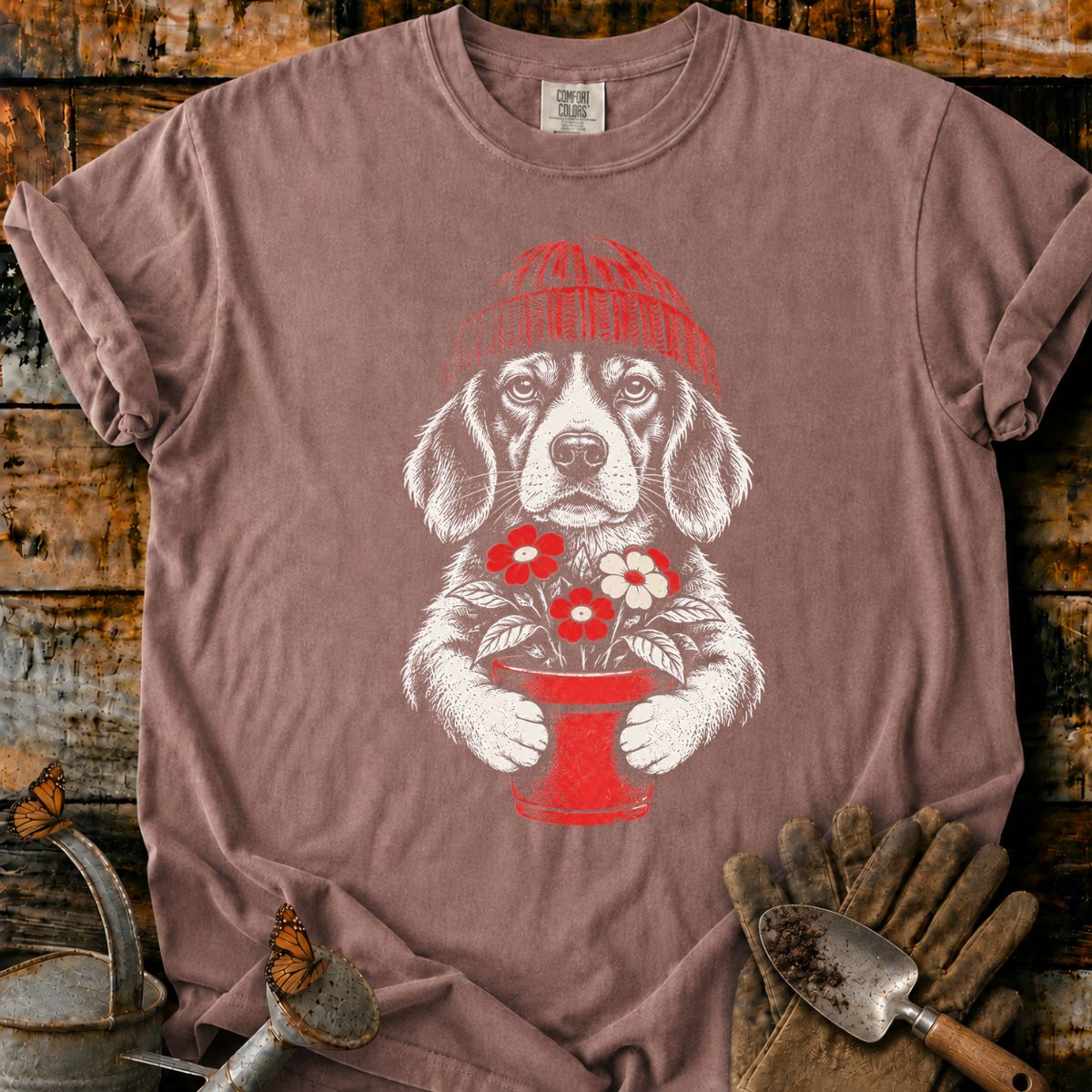 Beagle in Red Beanie with Flowers T-Shirt